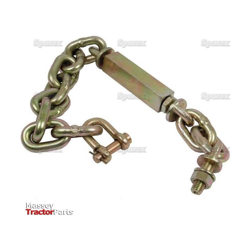 A metal stabilizer chain featuring D-shackles with a diameter of 11.5mm, threaded at 14mm, and a minimum length of 615mm, branded "Sparex Part No.S.70525" with Sparex end fittings for enhanced durability, complete with the "Massey Tractor Parts" logo in the bottom left corner.