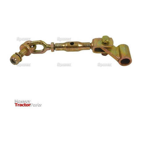 Close-up image of a stabilizer chain part with two joints and a threaded adjuster, labeled "Sparex Tractor Parts." The adjustable length Sparex end fittings on the Stabiliser Chain (Pin Ø16mm - Holes Ø23mm - Min. Length: 235mm - M16x2 Metric | Sparex Part No. S.70633) are clearly visible.
