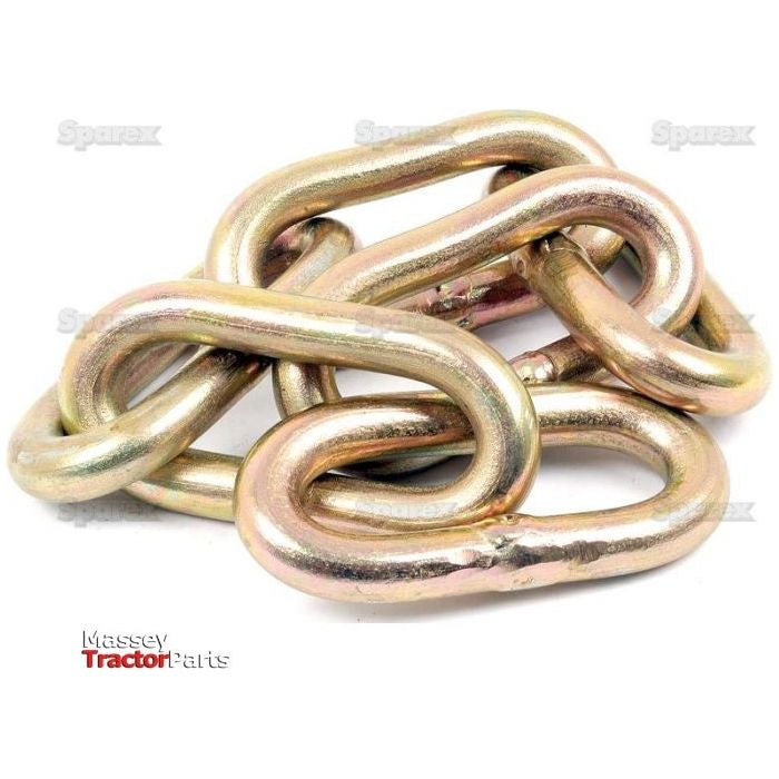 A close-up of a coiled, gold-colored metal chain link with the Massey Tractor Parts logo in the bottom left corner, showcasing a Sparex Check Chain assembly measuring 410 mm, which includes 6 links and features hole dimensions of Ø22x68mm (Sparex Part No. S.227).