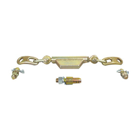 The Stabiliser Chain - Pin Ø19mm - Thread Ø16mm - Min. Length:360mm - 3/4 UNC from Sparex (Part No. S.41040) features an adjustable rod linkage assembly with two end fittings and a threaded central connector, shown disassembled with an additional small cylindrical component and nuts. Ideal for Massey Ferguson models, it's a reliable Sparex part.
