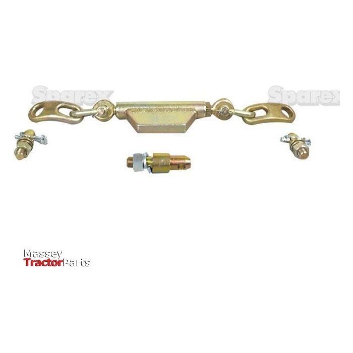 A set of tractor parts from Sparex, specifically the Stabiliser Chain (S.41040) featuring a central gold-colored component with two attached linkages and additional end fittings below, compatible with Massey Ferguson models. The chain has a pin diameter of 19mm, thread diameter of 16mm, minimum length of 360mm, and uses a 3/4 UNC thread.