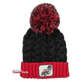 The AGCO Massey Ferguson Children's Bobble Hat (X993322211000) is a black knitted beanie adorned with a red and black pom-pom. This meticulously crafted winter accessory boasts a red brim, featuring a Massey tractor patch and the embroidered text "Massey Tractor Parts," ensuring both style and warmth for the colder months.