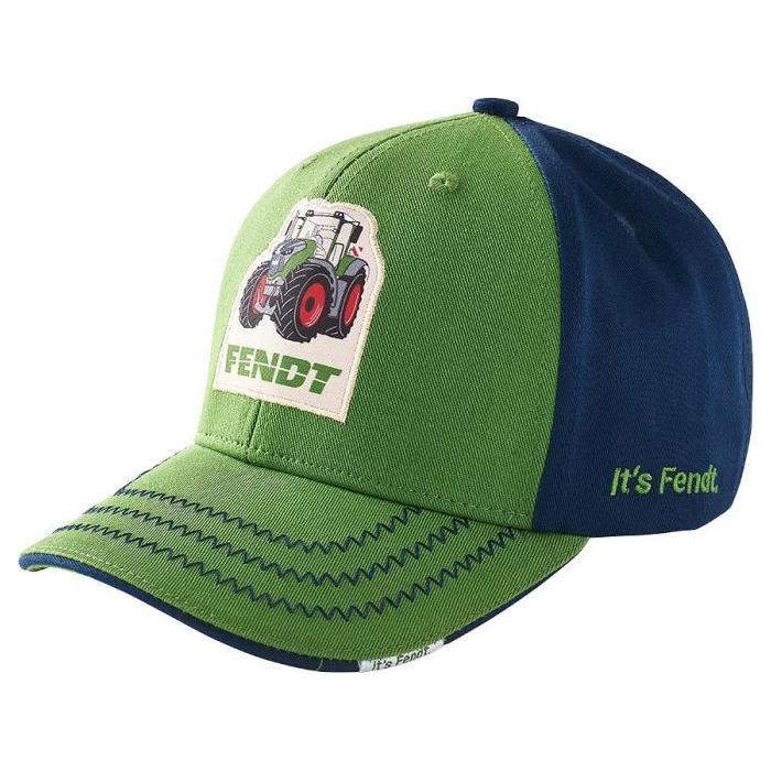 A children's cap in green and navy blue featuring a tractor graphic and the text "Fendt" on the front, with "It's Fendt" embroidered on the side. This cap is from AGCO's Fendt line, model number X991020129000.