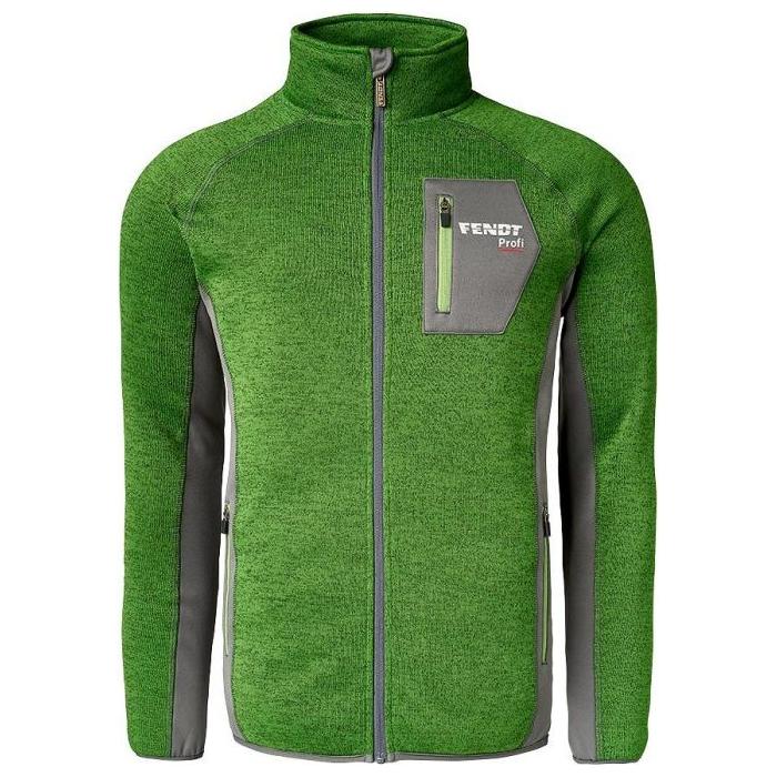 The Fendt - Children's Profi Fleece Jacket by AGCO (Product Code: X99102013C) is a robust full-zip fleece jacket in green and gray, featuring a high collar, a front zippered pocket, and a reflective logo for added visibility.