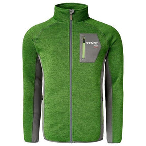 The Fendt - Children's Profi Fleece Jacket by AGCO (Product Code: X99102013C) is a robust full-zip fleece jacket in green and gray, featuring a high collar, a front zippered pocket, and a reflective logo for added visibility.