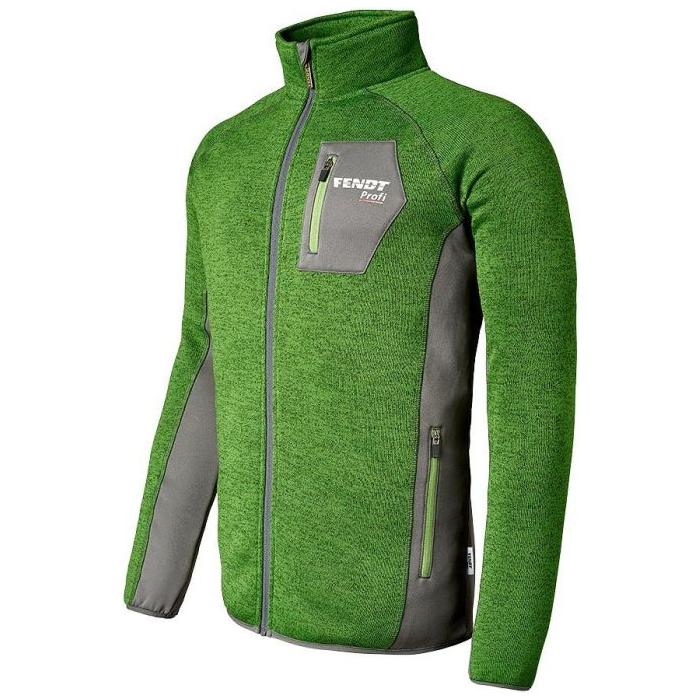 Introducing the AGCO Fendt - Children's Profi Fleece Jacket (X99102013C): a robust green and grey zip-up jacket featuring two side pockets and one chest pocket. The chest is labeled "Fendt Profi," and the jacket also includes a reflective logo for added visibility.