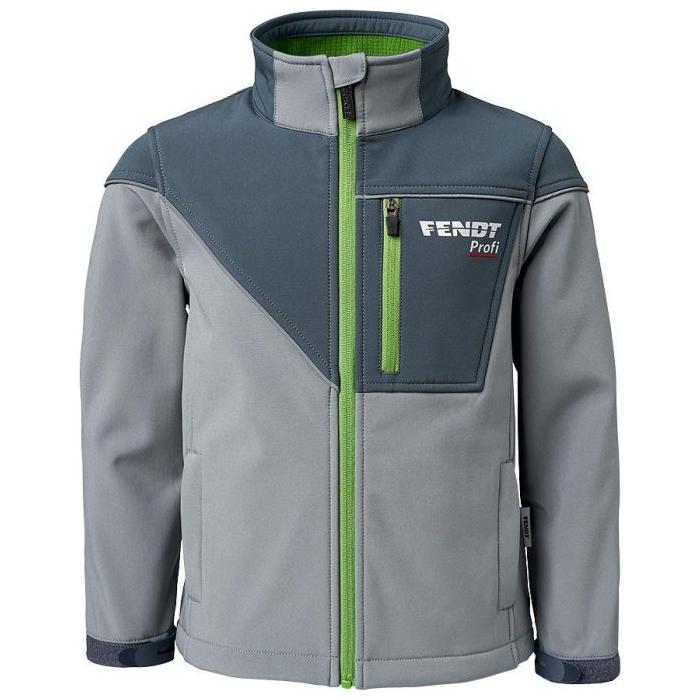 The AGCO Fendt - Children's Profi Softshell Jacket (product code: X991020137) is a gray and dark gray jacket with green accents and "FENDT Profi" text on the left chest pocket. It features a high collar, full-length sleeves, and reflective piping for added wind and weather protection.