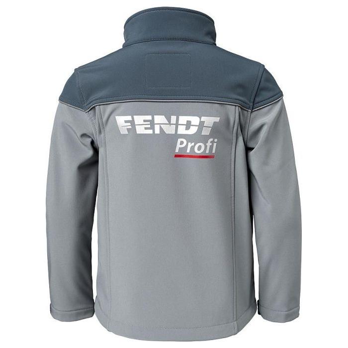 The Fendt - Children's Profi Softshell Jacket (X991020137) by AGCO is a grey jacket with "FENDT Profi" printed on the back in white and red text. It features reflective piping for added visibility and is designed to provide protection against wind and weather.