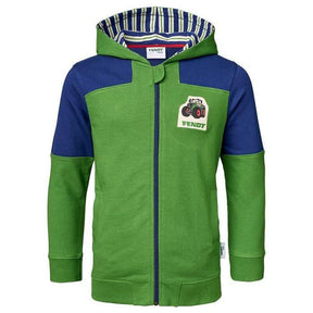 Children's Fendt sweater jacket (X991020097) by AGCO, featuring durable materials, a hood, zipper front, and a green tractor patch on the chest.
