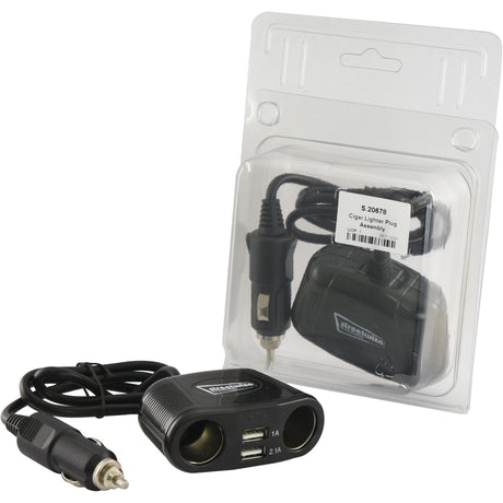 The Sparex Cigar Lighter Plug Assembly (Sparex Part No.S.20678) is a packaged car cigarette lighter adapter featuring two USB ports, an additional lighter plug socket, and an attached black cable. An extra cable is also included in the packaging.