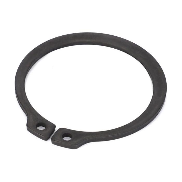 The AGCO Massey Ferguson - Circlip - 339820X1 is a black, circular retaining ring with two small holes at the ends, designed primarily for mechanical applications to secure components on a shaft or in a housing. It is ideal for use in Massey Ferguson 100 Series tractor parts.