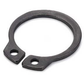 The Massey Ferguson - Circlip External 14.7mm - 339276X1 by AGCO is a single black external circlip featuring two small holes on one edge, typically used for securing components in mechanical assemblies.