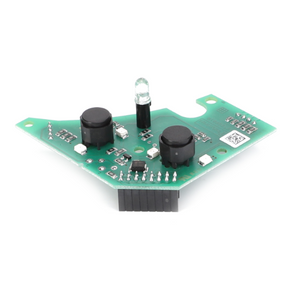 The Fendt - Circuit Board Neutral Switch (F725970160040) by AGCO is a green printed circuit board adorned with various electronic components such as resistors, capacitors, and a diode. It features a black pin connector on one side, showcasing the precision characteristic of Fendt Vario machinery.