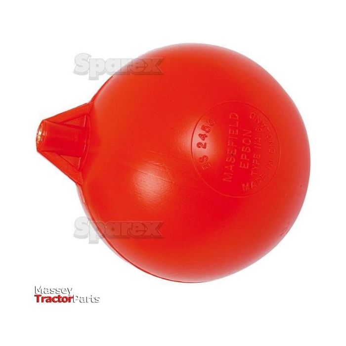 A red, round cistern float with a 4 1/2'' diameter and a 5/16'' UNC thread from Sparex featuring raised text and casting marks, compatible with Massey Tractor Parts.