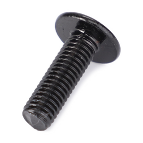 A close-up of a black, flat-head, threaded Massey Ferguson - Cladding Screw M5x16 - 3010506X1 from AGCO lying on a white surface.