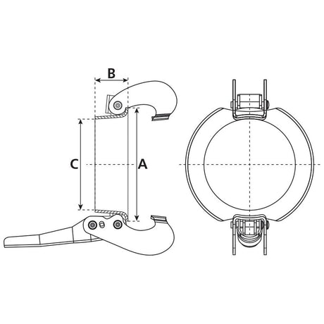 Technical drawing of the Clamp Ring - 4'' (108mm) (Non Galvanised) - S.59406 by Sparex, with labeled dimensions. Front and side views are shown with measurement labels A, B, and C, featuring a locking pin mechanism for secure fastening.