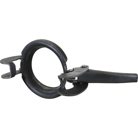The Sparex Clamp Ring - 4'' (108mm) (Non Galvanised) - S.59406 is a black, metal pipe clamp with a circular opening, featuring a lever mechanism on the side and a locking pin for secure fastening.