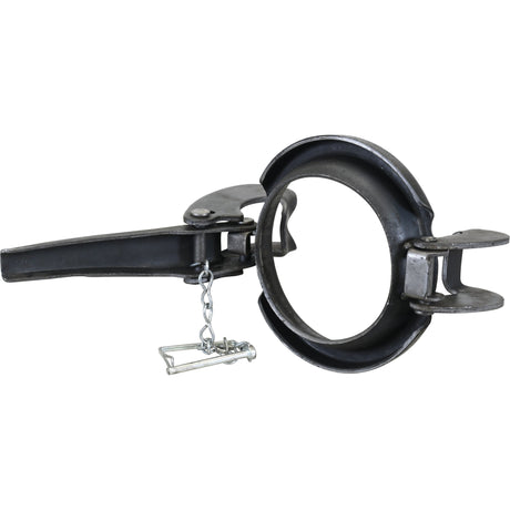 A Sparex Clamp Ring - 4'' (108mm) (Non Galvanised) - S.59406 is displayed in its open position, ready for use.