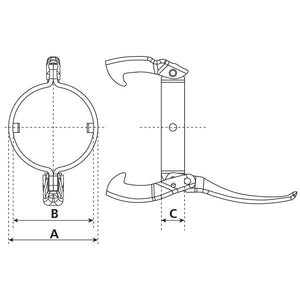 Technical drawing of the Sparex Clamp Ring - 5'' (133mm) (Non Galvanised) - S.103117, with dimensions labeled A, B, and C. The clamp ring is shown from the front and side views with precise lines indicating measurements and mechanical details, including a locking pin for secure fastening.