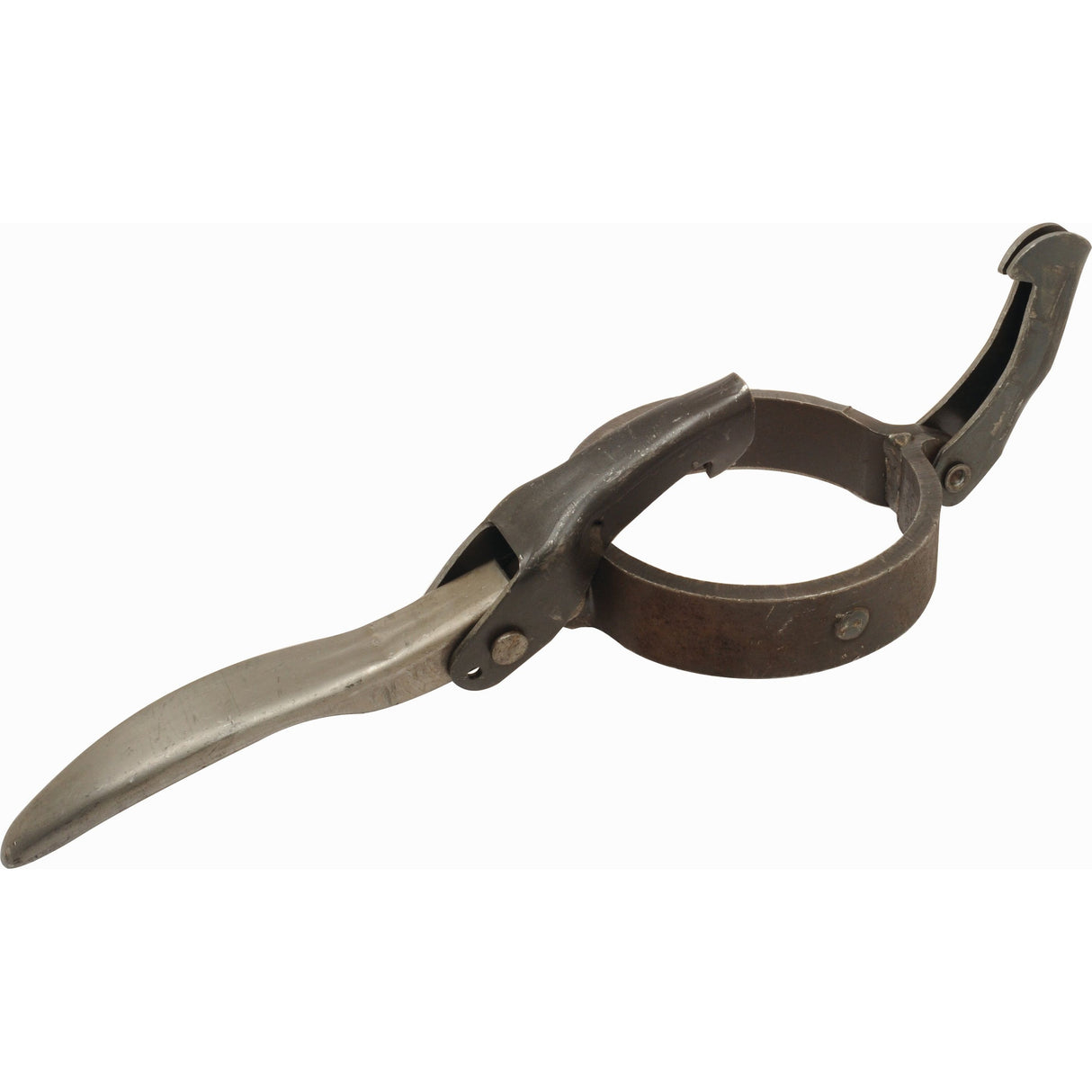 The Clamp Ring - 5'' (133mm) (Non Galvanised) - S.103117 by Sparex is a metal tool with a circular clamp and two elongated handles, designed for gripping or securing objects, featuring a locking pin for added security.