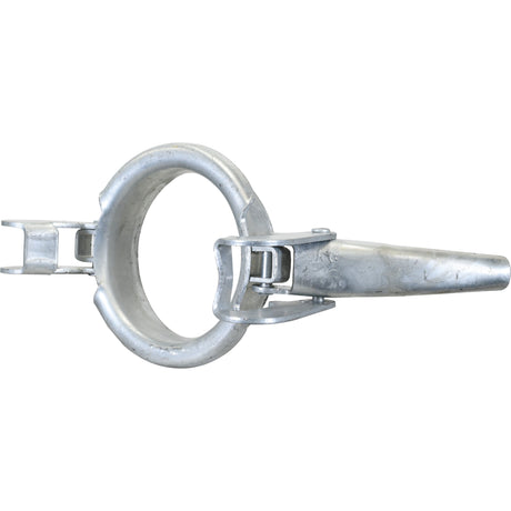The Sparex Clamp Ring - 6'' (159mm) (Galvanised) - S.59411 is a galvanised metal ring with an attached pointed handle and latch mechanism, commonly used as a coupler in various applications.