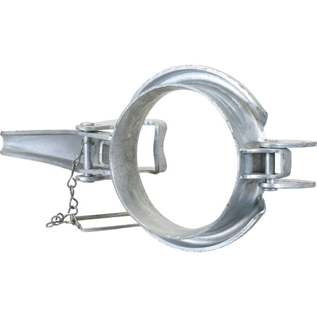 Close-up of the Sparex Clamp Ring - 6'' (159mm) (Galvanised) - S.59411, featuring a circular design with a tightening mechanism and a small chain for secure fastening. This coupler-type fitting ensures robust and reliable connections.