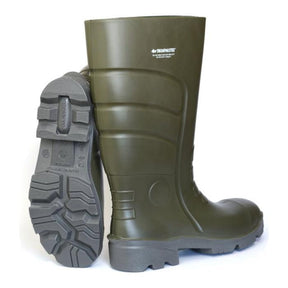 A pair of Swampmaster Classic Swp650 Safety Wellingtons, featuring a green waterproof rubber construction with a Composite Toecap, displayed with one boot upright and the other emphasizing its textured sole.