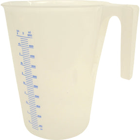 The Sparex Clear Measuring Jug - 5L (Part No. S.12301) features a handle and blue measurement markings in liters and milliliters, up to 5000 ml, and is made from durable plastic.