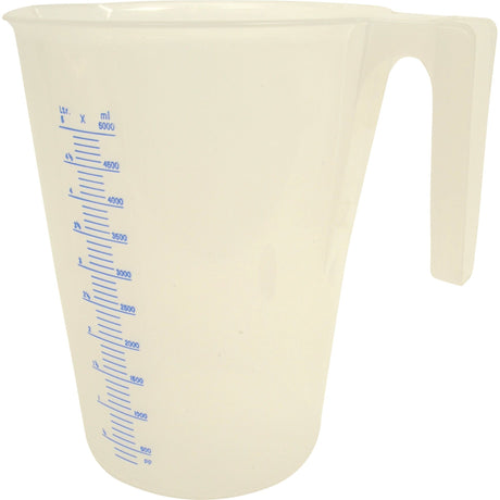 The Clear Measuring Jug - 5L by Sparex (Part No. S.12301) is a transparent plastic jug featuring a handle on the right side, with blue measurement markings in milliliters up to 5000 ml and liters up to 5 L.