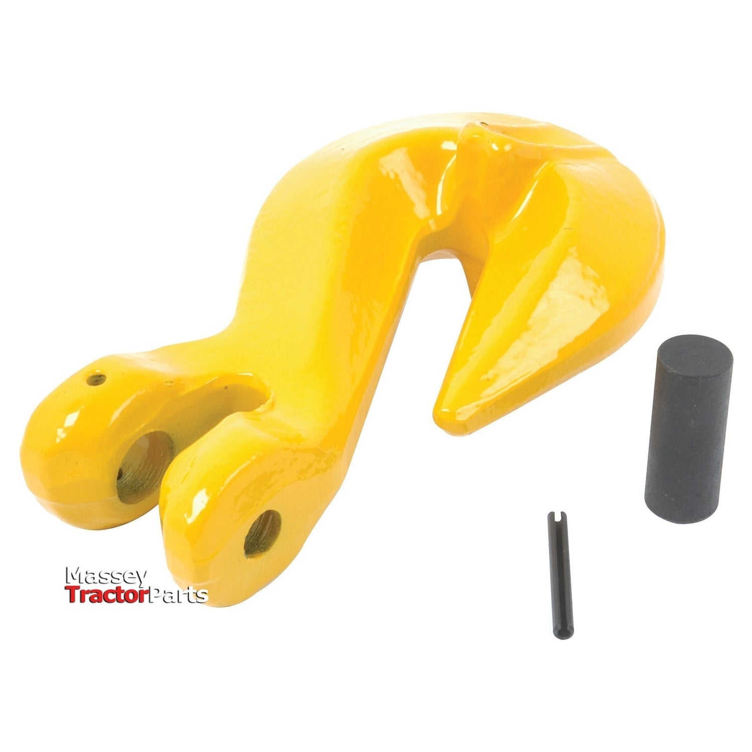 The Clevis Grab Hook & Wings - 13mm (S.790704) by Sparex, features a yellow design with two bolt holes, a cylindrical pin, and a small fastening pin. It's displayed against a white background with "Massey Tractor Parts" text on the bottom left corner. This product includes a manufacturer's test certificate ensuring it meets safety standards.