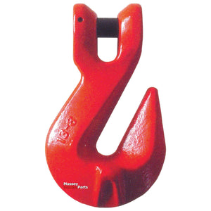 A heavy-duty red Clevis Grab Hook & Wings - 8mm (S.790702) made of metal, featuring a curved, pointed end, and marked with "10-40 65" and "Massey Tractor Parts." Brought to you by Sparex, it includes a Manufacturer's Test Certificate ensuring its durability.