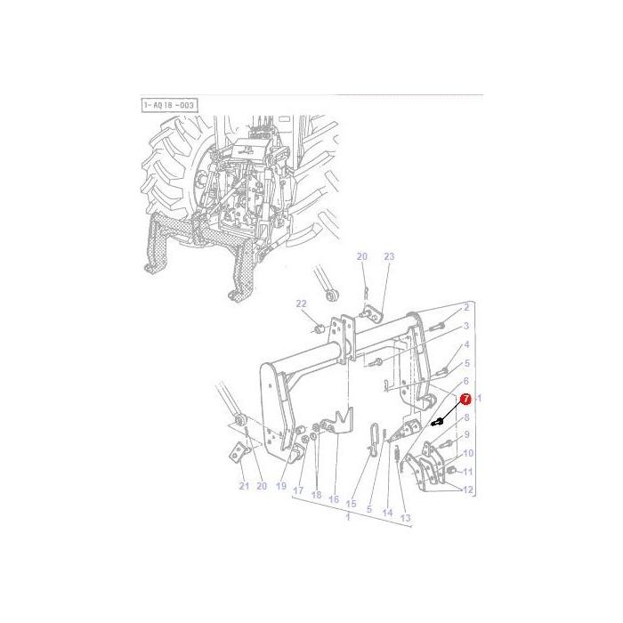 A technical diagram illustrates the components of a tractor's rear, with numbered parts. It specifically highlights part number 9, marked with a red dot. This diagram is crucial for understanding the tractor parts of the Massey Ferguson 100 Series, including the Clevis Pin 1/2 x 15/16 by AGCO, product number 195396M1.