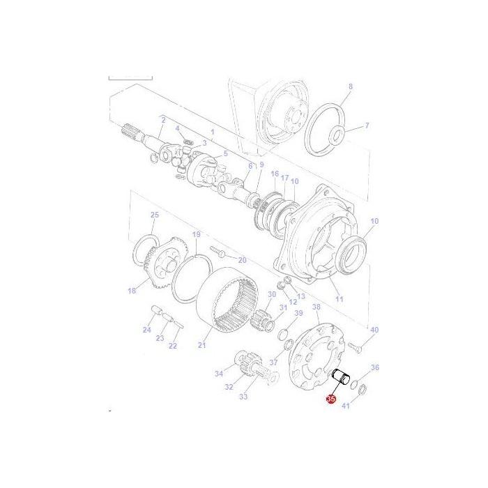 Diagram of a mechanical assembly for an AGCO Massey Ferguson 100 Series tractor, featuring numbered components such as gears, shafts, and rings. One component, labeled as the Massey Ferguson - Clevis Pin - 3426960M1, is highlighted in red near the bottom right.