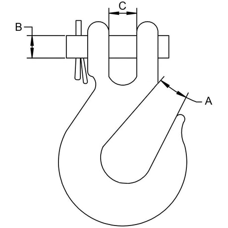 Diagram of a hook with three labeled dimensions, detailed in the product specifications. "A" marks the hook curve, "B" shows the width of the upper shaft, and "C" measures the thickness of the connecting pin. Designed for a 10mm diameter chain, this Clevis Slip Hook 860kg (Sparex Part No.S.1459) guarantees durability and reliability under Sparex's trusted brand.