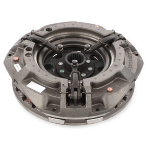 Close-up view of the Massey Ferguson - Clutch Assy 12 Dual - 3610268M92 by AGCO, showcasing a dark gray housing and exposed inner components, exemplifying the robust engineering of Massey Ferguson's 300 Series.