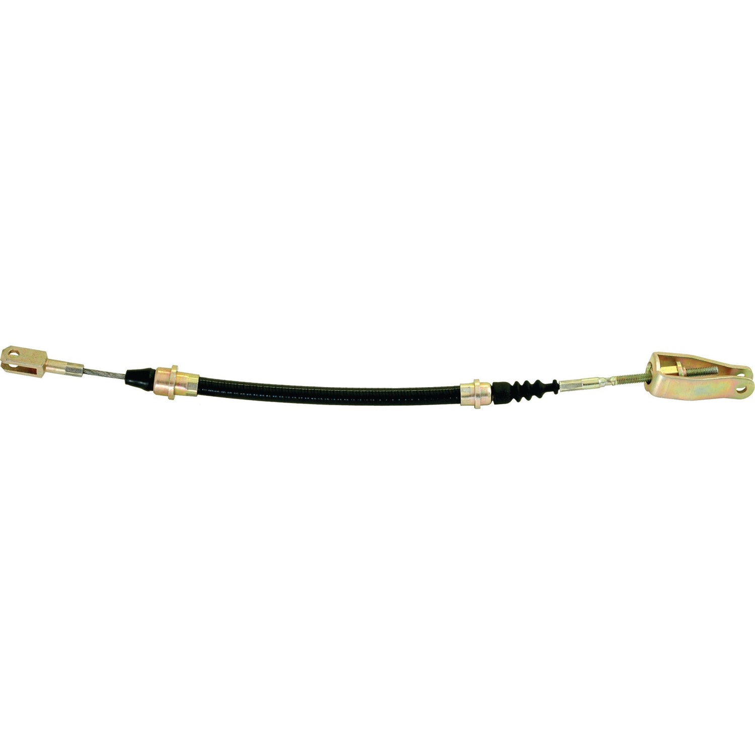 A Sparex clutch cable (Part No. S.62194), featuring a length of 430mm and an outer cable length of 185mm, is designed in black and gold with metal connectors on both ends and is suitable for Sparex or Fiat 580 models.
