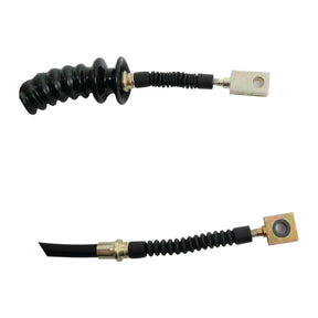 Two Sparex electrical cables with metal terminals and insulated black coverings, one featuring a coiled sheath and the other a straight one—comparable in quality to those used in Massey Ferguson machinery. The detailed specifications are: Clutch Cable - length 716mm, with an outer cable length of 473mm (Sparex Part No. S.43402).