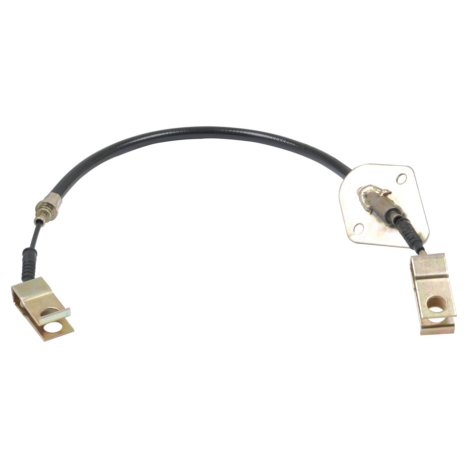 Image of a black cable with metal brackets on both ends, typically used for grounding purposes in electrical systems. This Clutch Cable by Sparex (Part No. S.43405) has a length of 816mm and an outer cable length of 505mm. It is an essential component often found in Massey Ferguson tractors, ensuring reliable performance and safety.