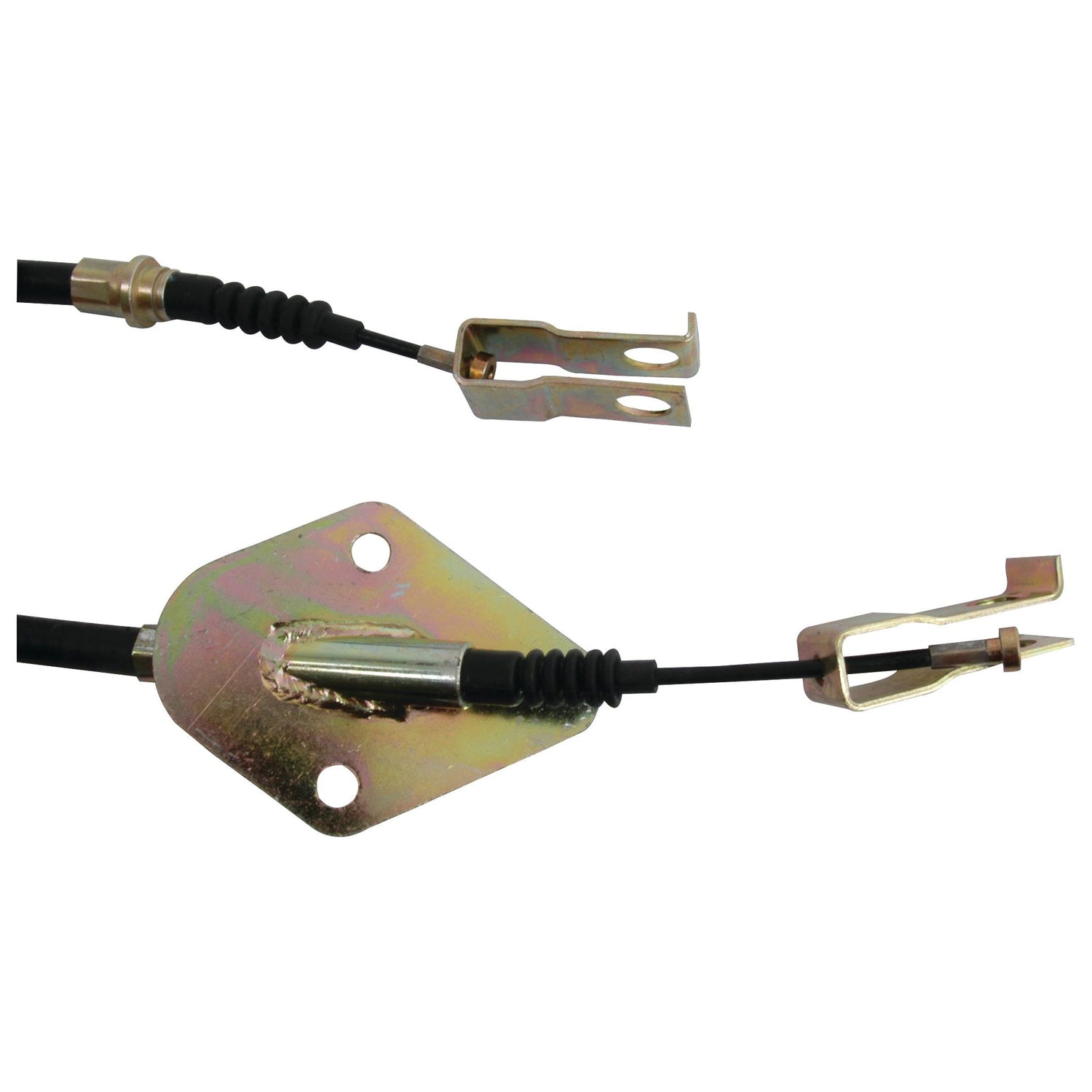 The Sparex S.43406 Clutch Cable, featuring metal connectors and a mounting bracket, includes one end with a clip and the other end attached to a metal plate. The total length is 897mm with an outer cable length of 592mm. This cable is suitable for Massey Ferguson machinery or as a clutch cable replacement in Landini tractors.