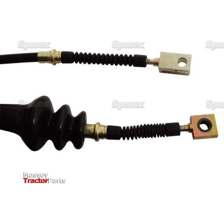 Two Sparex Clutch Cables, each with black rubber protectors and metal ends, set against a plain white background. The Massey Tractor Parts logo is visible in the bottom left corner. With an outer cable length of 633mm, they are ideal for various models of Massey Ferguson tractors. Product Name: Clutch Cable - Length: 844mm | Sparex Part No.S.43400