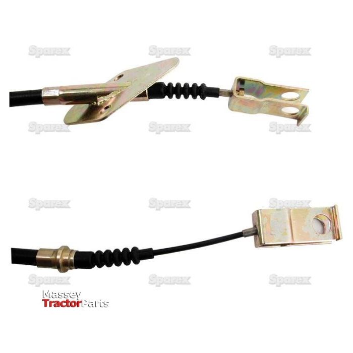 Two metal cable connectors with attached wires are shown against a white background. The connectors feature metallic clamps, and the wires are encased in black protective tubing. Labeled "Sparex Part No.S.43404" and branded under "Sparex," these Clutch Cables, with an overall length of 721mm and an outer cable length of 410mm, are perfect for Massey Ferguson clutch cables.