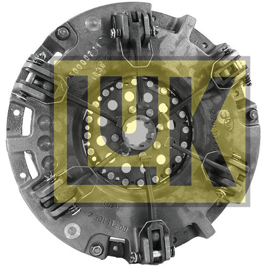 A Clutch Cover Assembly - S.131136 by Sparex featuring visible mechanical components and a yellow overlay with intertwining letters "L" and "K," designed for diverse manufacturing uses.