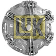 The Clutch Cover Assembly - S.131151 by Sparex, a mechanical device with springs and levers resembling a metal automotive clutch assembly, features an Organic Captive Disc and a Cover Size of 280/280 mm. A translucent yellow "LUK" watermark is prominently displayed over the image.
