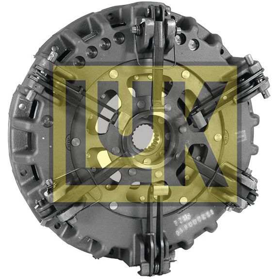The Clutch Cover Assembly - S.131162 by Sparex is a mechanical component featuring a gray metallic body, various bolts and springs, and a yellow 'LUK' logo overlay, suitable for various industrial applications.