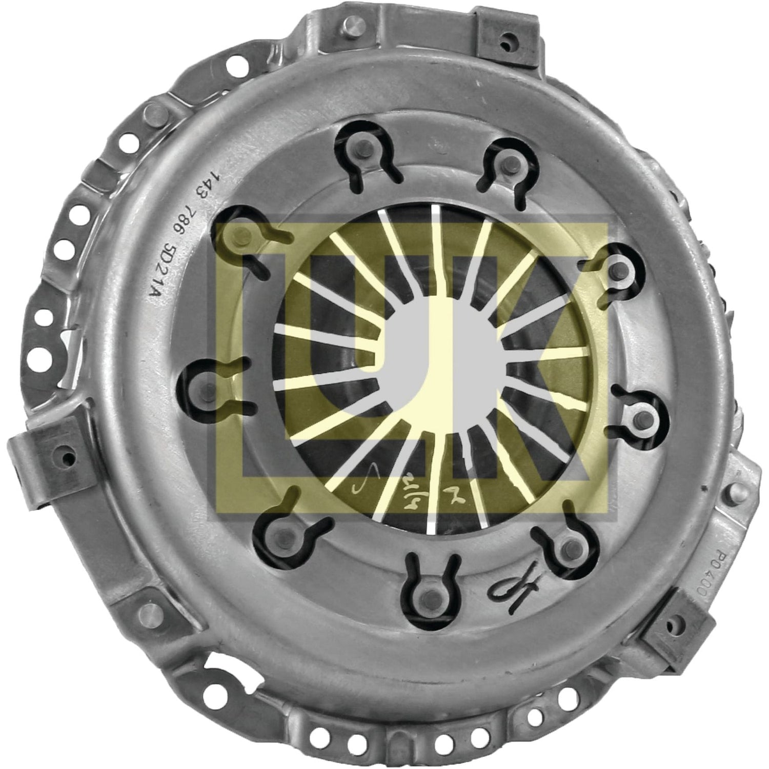 Close-up of a pressed steel Clutch Cover Assembly - S.145199 by Sparex, featuring a central diaphragm spring and multiple mounting points around the edge.