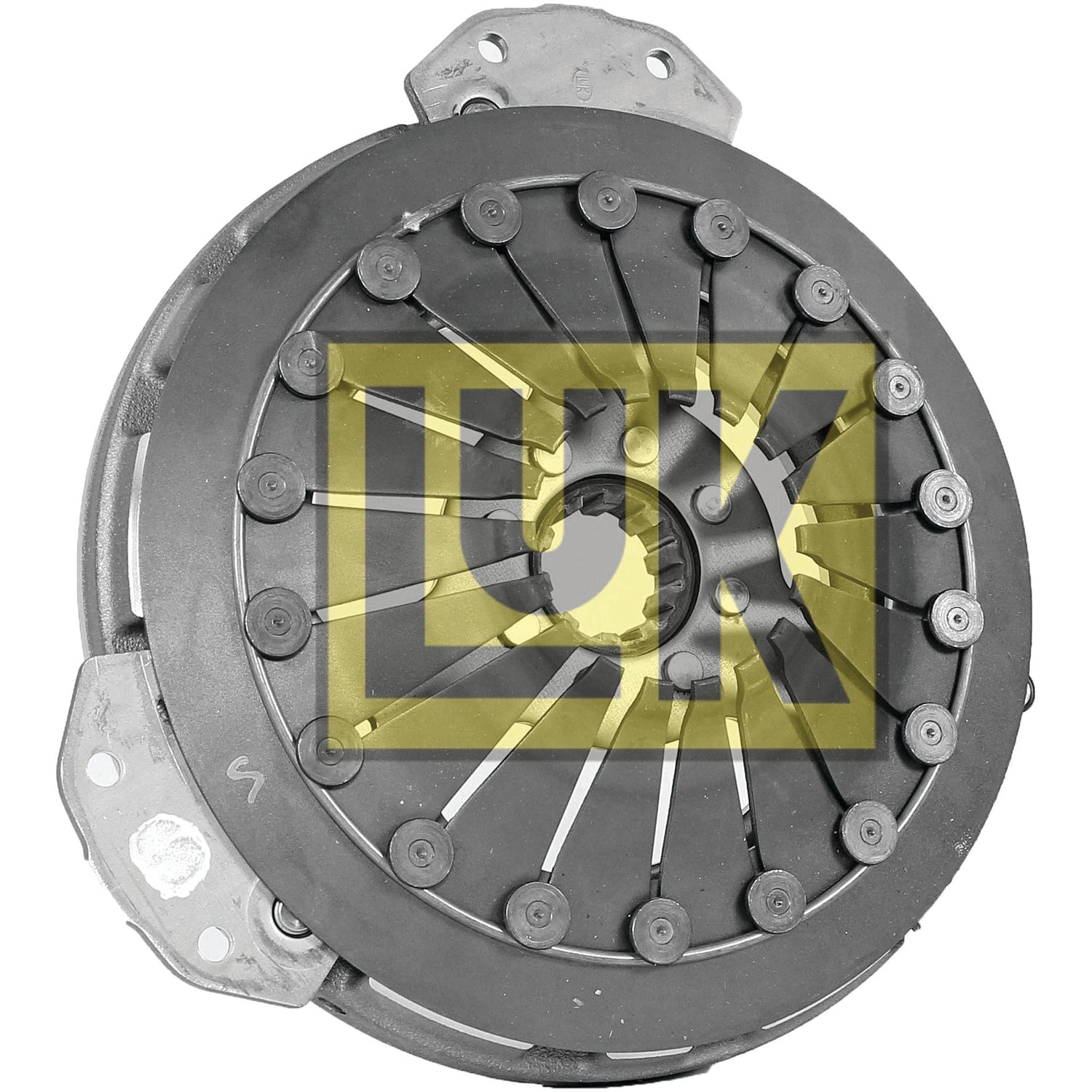 Displayed is the Clutch Cover Assembly - S.145208 from Sparex, featuring a circular design with a metallic surface and internal springs. The overlay has a yellow "LUK" logo. This single cover type component includes a pressed steel housing and measures 280mm in size.