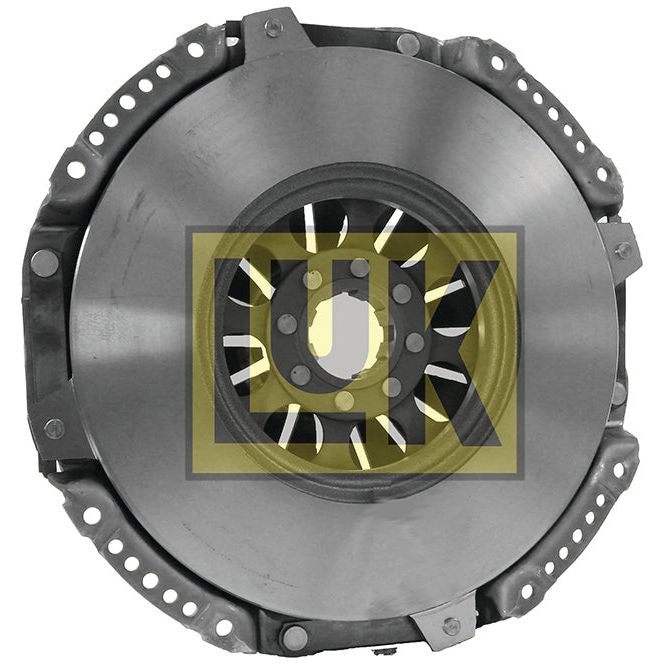 The Clutch Cover Assembly - S.145241 by Sparex is a circular metallic mechanical part featuring a central ring and multiple small, evenly spaced holes along the outer edge. A faint yellow "LUK" logo is overlaid in the center. This Single Cover has a cover size of 310mm, ensuring reliable performance and premium quality.