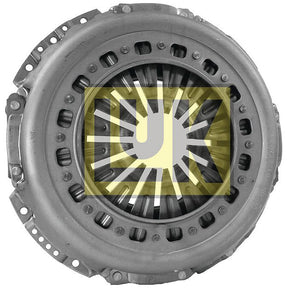 Close-up of the Clutch Cover Assembly - S.145274 by Sparex, featuring a yellow and black "U" logo overlaid in the center. The single cover, crafted from pressed steel, ensures durability and efficiency.