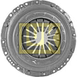 A close-up view of the Clutch Cover Assembly - S.145283, by Sparex, with a logo overlay at the center. The component, featuring a series of radial slots and rivets along the outer edge, highlights its durable construction and precise engineering.