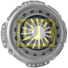 Close-up of a metallic automotive clutch pressure plate, identified as the Clutch Cover Assembly - S.145285 by Sparex. The part features a 330mm single cover, is circular with a central opening, and has multiple mounting points around its edge. A yellow and white logo is overlaid on the center, accentuating the robust design of the pressed steel housing.
